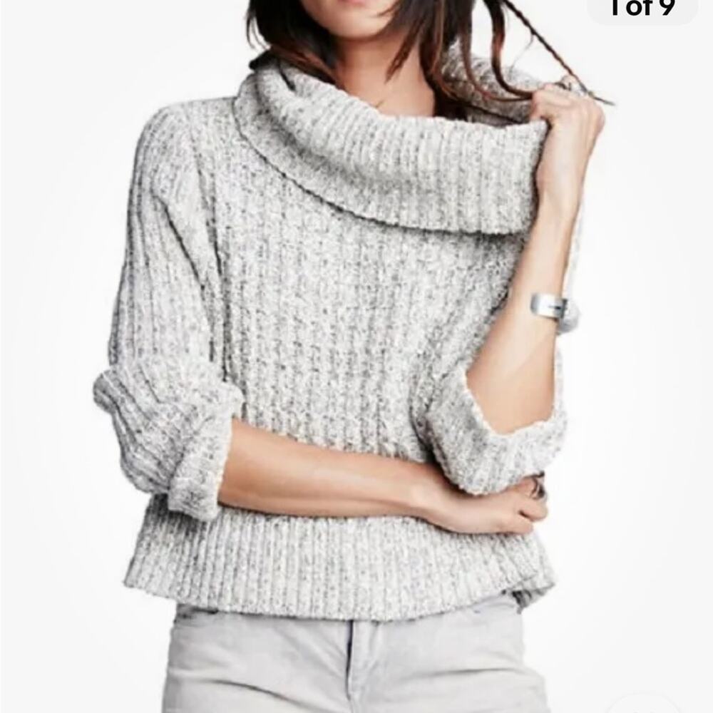 Free People Marled Ivory Twisted Cable Cropped Turtleneck Sweater women's L